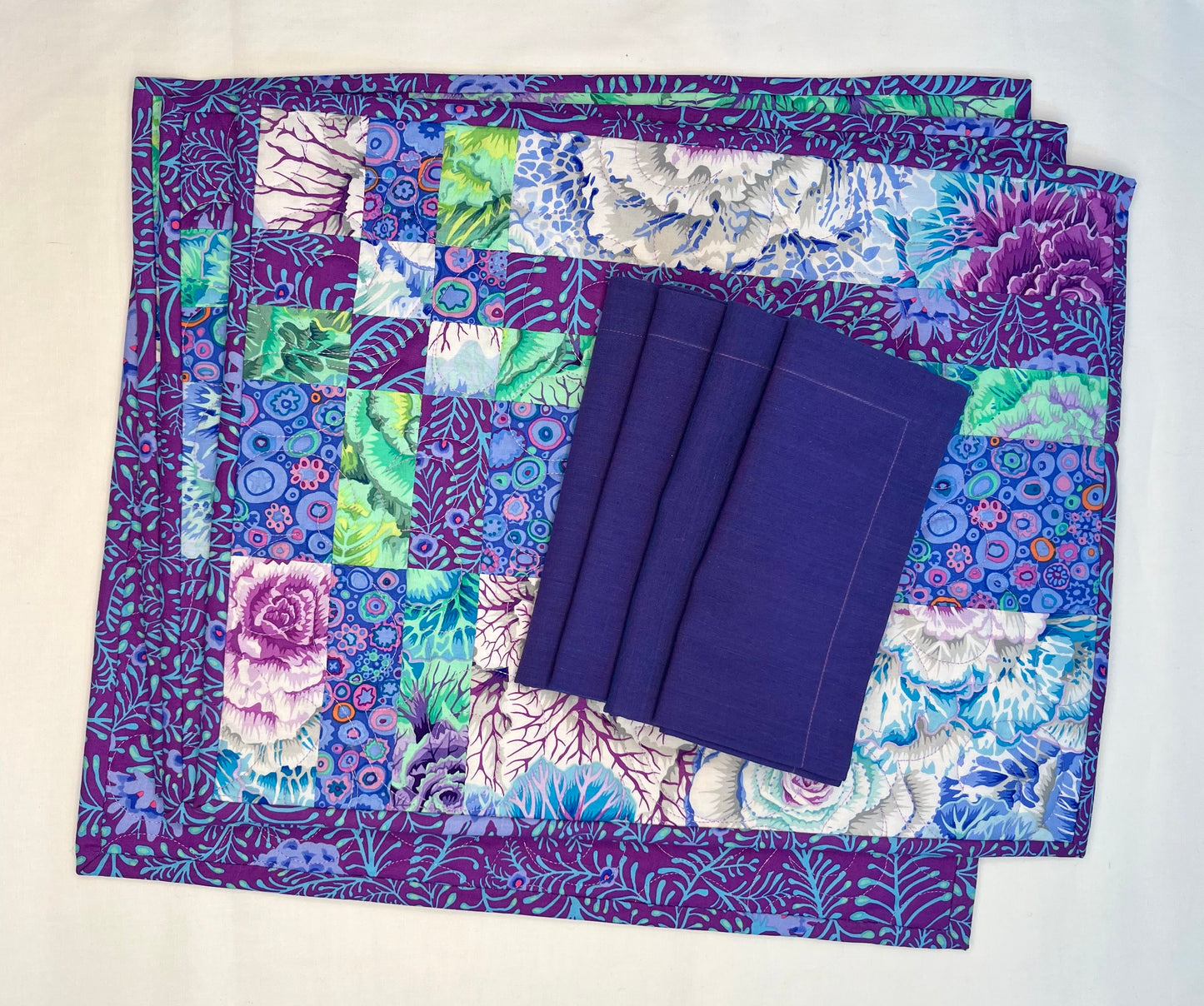 Quilted Placemats with Napkins - Kaffe Fasset (Purples) with Solid Napkins